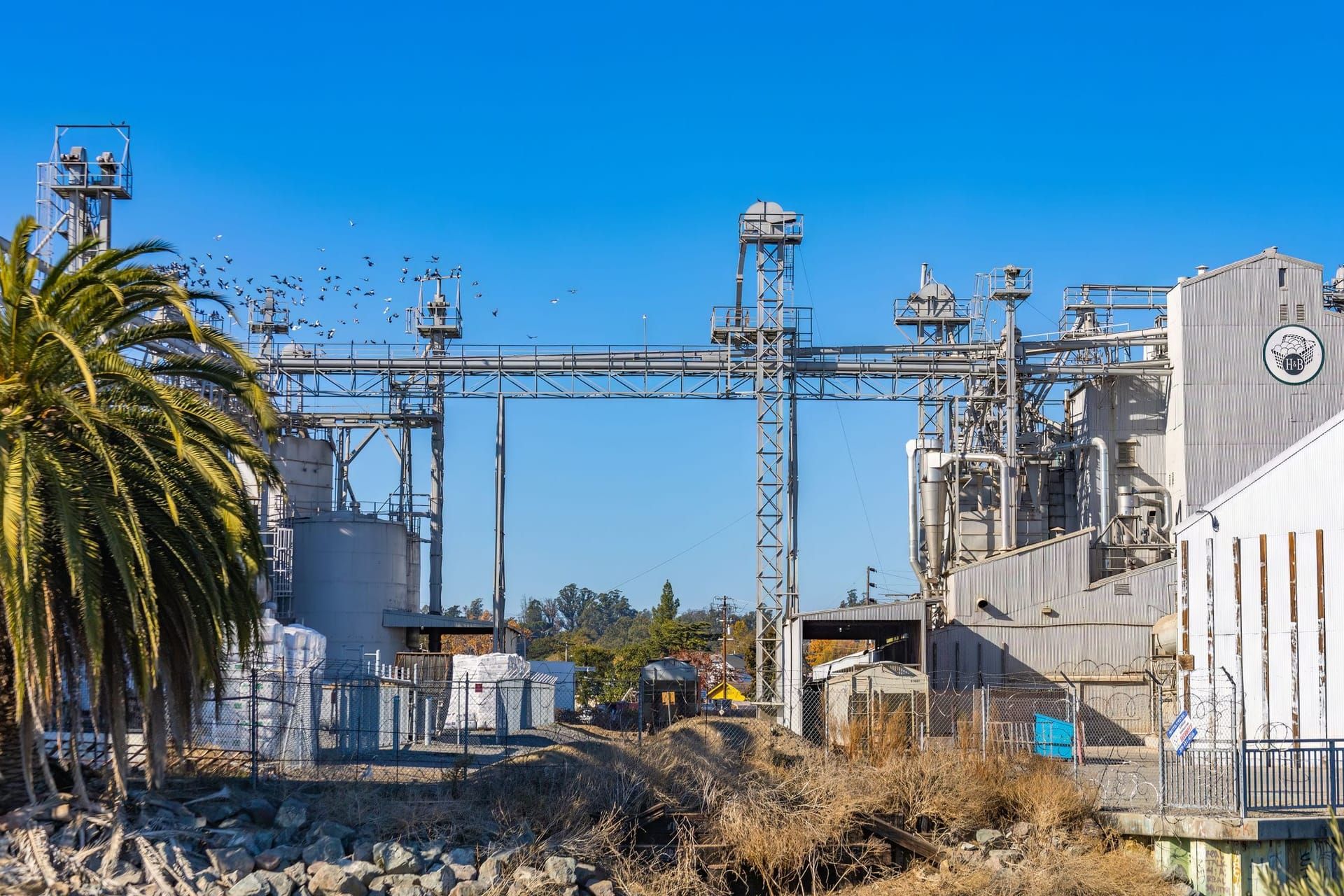 Industrial processing plant with steel gantries and storage silos